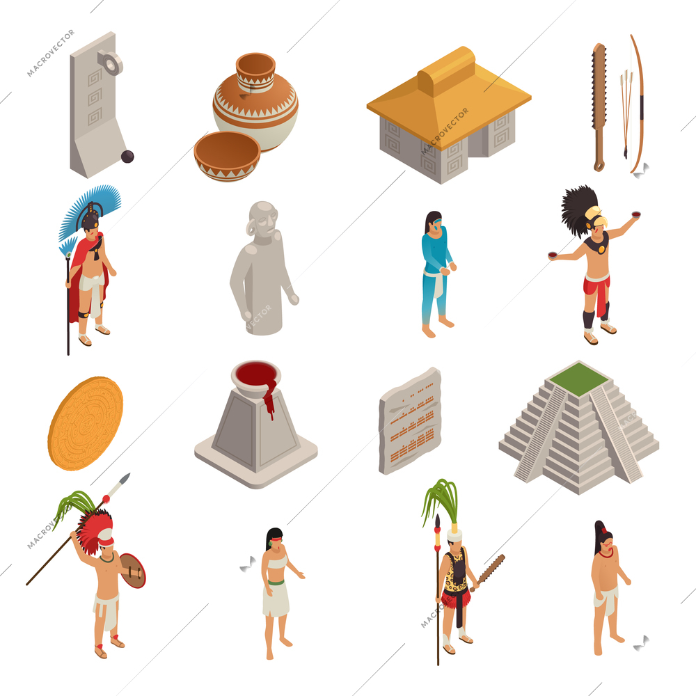 Maya civilization ancient objects and native persons set of isometric icons isolated on white background vector illustration