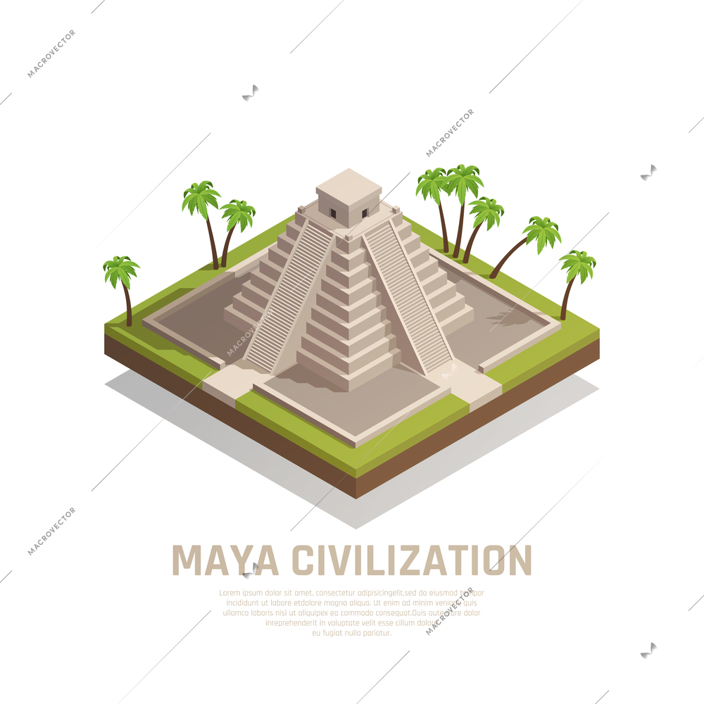 Mayan pyramid with stairs and cult temple at top of stone construction isometric composition vector illustration