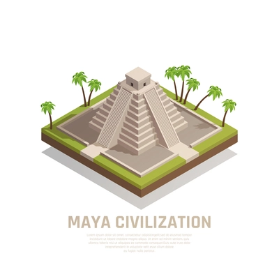 Mayan pyramid with stairs and cult temple at top of stone construction isometric composition vector illustration