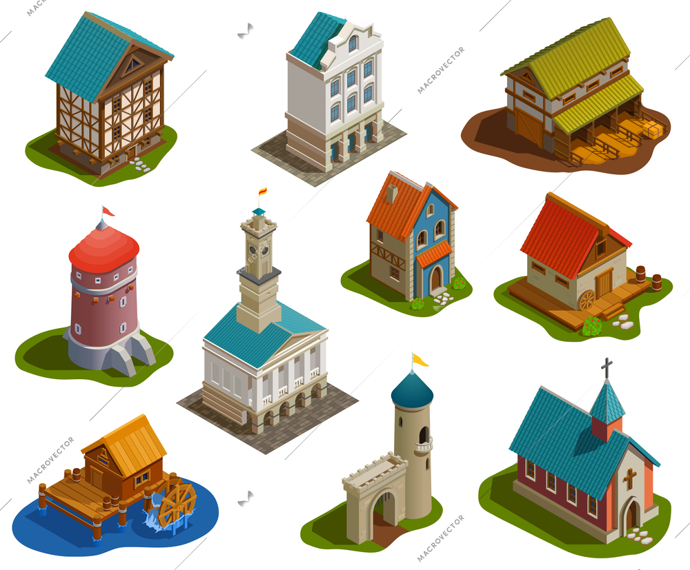 Medieval sttlement architecture isometric buildings set with castle church tower bridge water mill farm isolated vector illustration