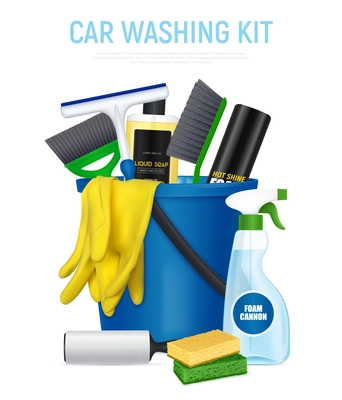 Car washing kit realistic composition with bucket full with auto cleaning accessories soap foam brushes vector illustration