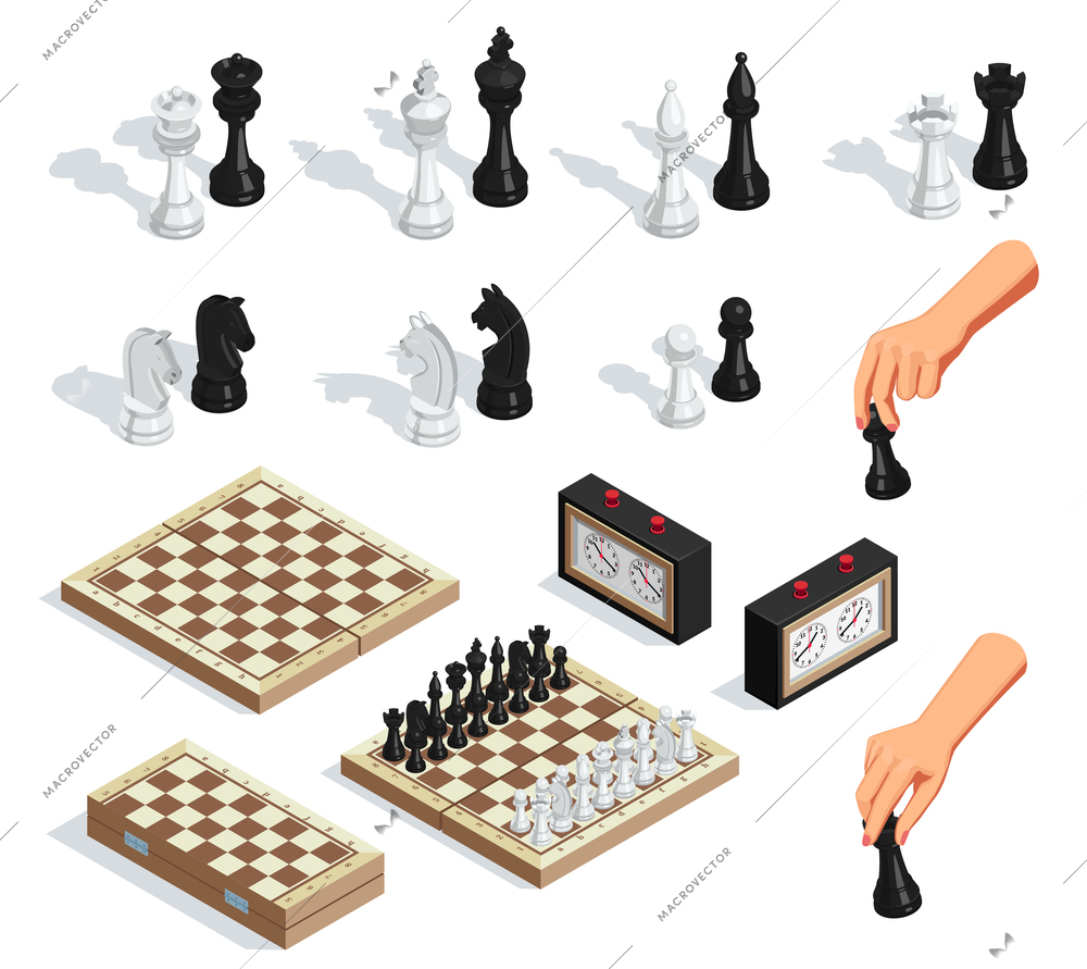 Chess game isometric set with chessboards king queen knight pieces hand moving pawn clock isolated vector illustration