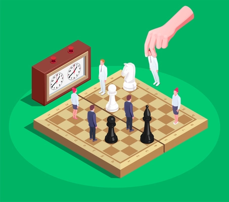 Chess game allegory concept isometric composition with players hand moving human figures as chessboard pieces vector illustration