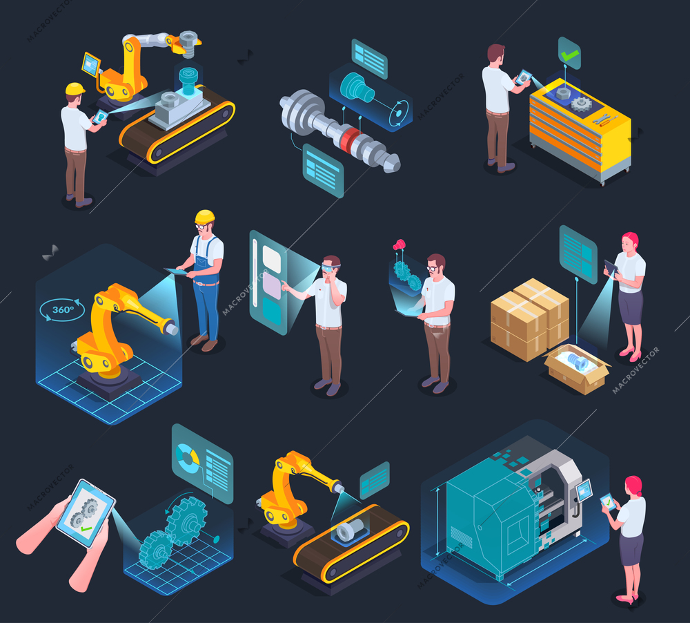 Industrial applications of augmented reality supporting manufacturing process technology isometric elements collection black background isolated vector illustration