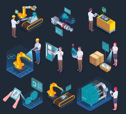 Industrial applications of augmented reality supporting manufacturing process technology isometric elements collection black background isolated vector illustration