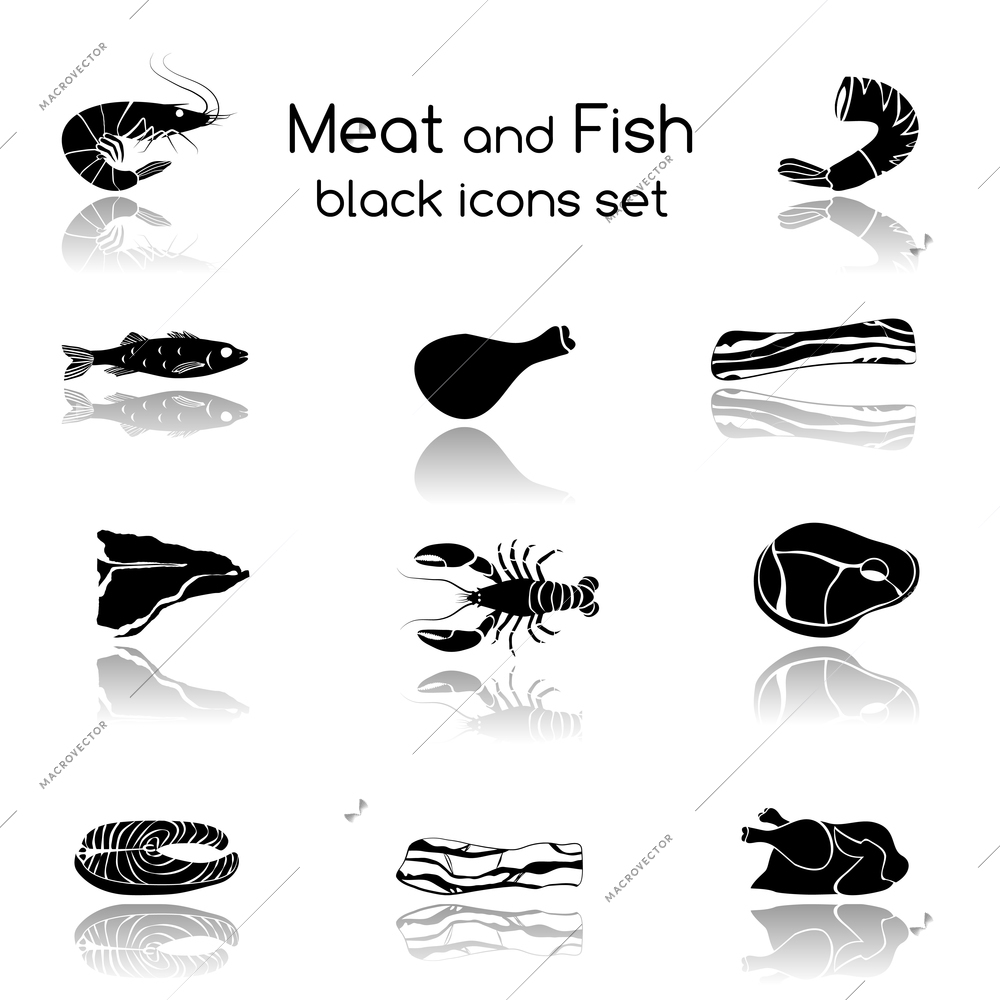 Food fish and meat black icons collection of crab salmon pork steak isolated vector illustration