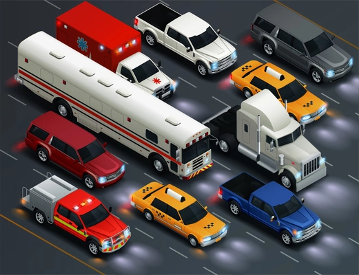 Street traffic realistic isometric transportation composition with bus taxi van ambulance pickup vehicles lights on vector illustration