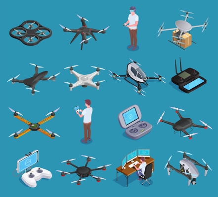 Drones quadrocopters hexacopters air transportation delivery surveillance with virtual reality remote controllers isometric set isolated vector illustration