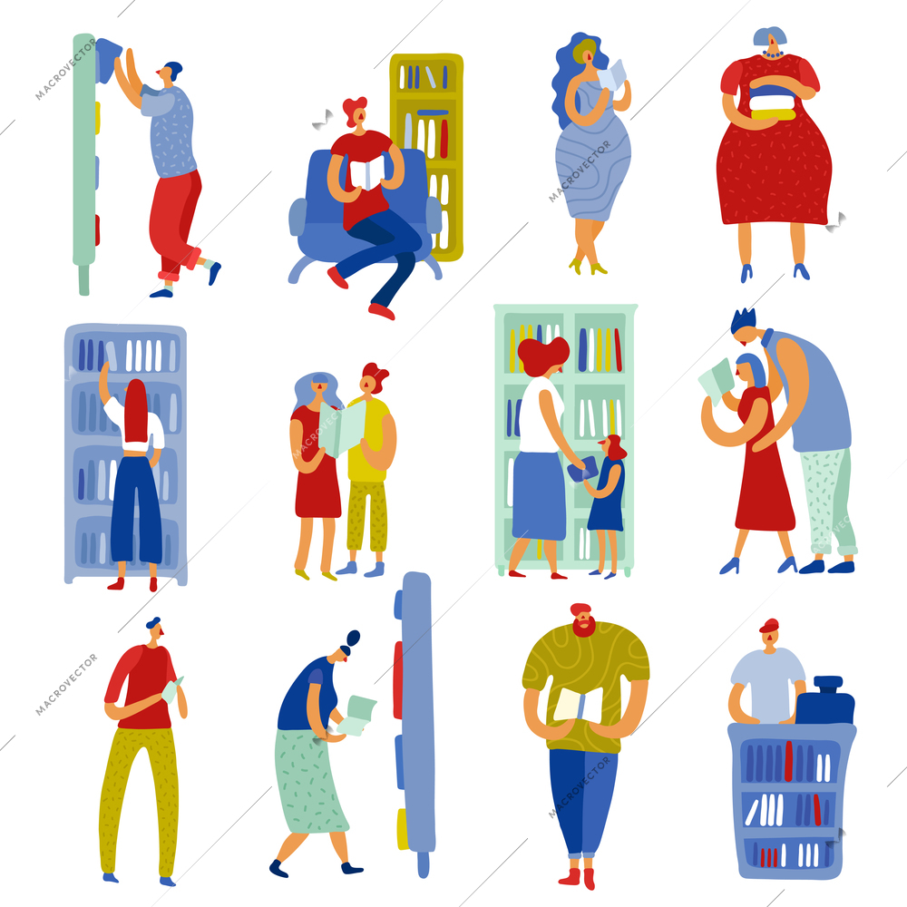 Set of flat icons people in book store during literature choice and reading isolated vector illustration