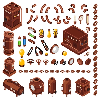 Steampunk art constructor isometric  collection of design elements inspired by 19th century steam powered machinery vector illustration