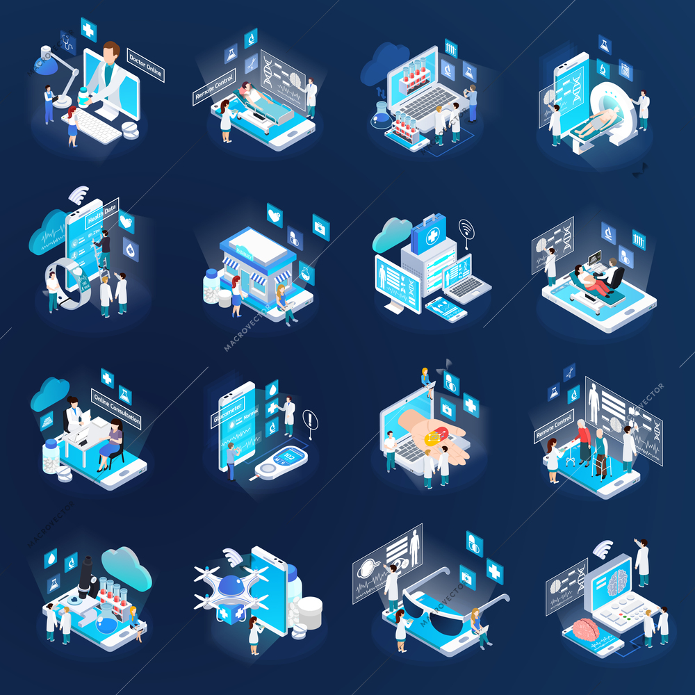 Health telemedicine glow isometric icons collection with mobile electronic devices remote tests virtual doctor isolated vector illustration