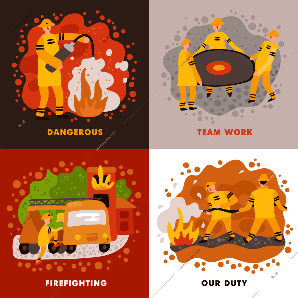 Fire fighting flat design concept dangerous profession team work duty of rescue service isolated vector illustration