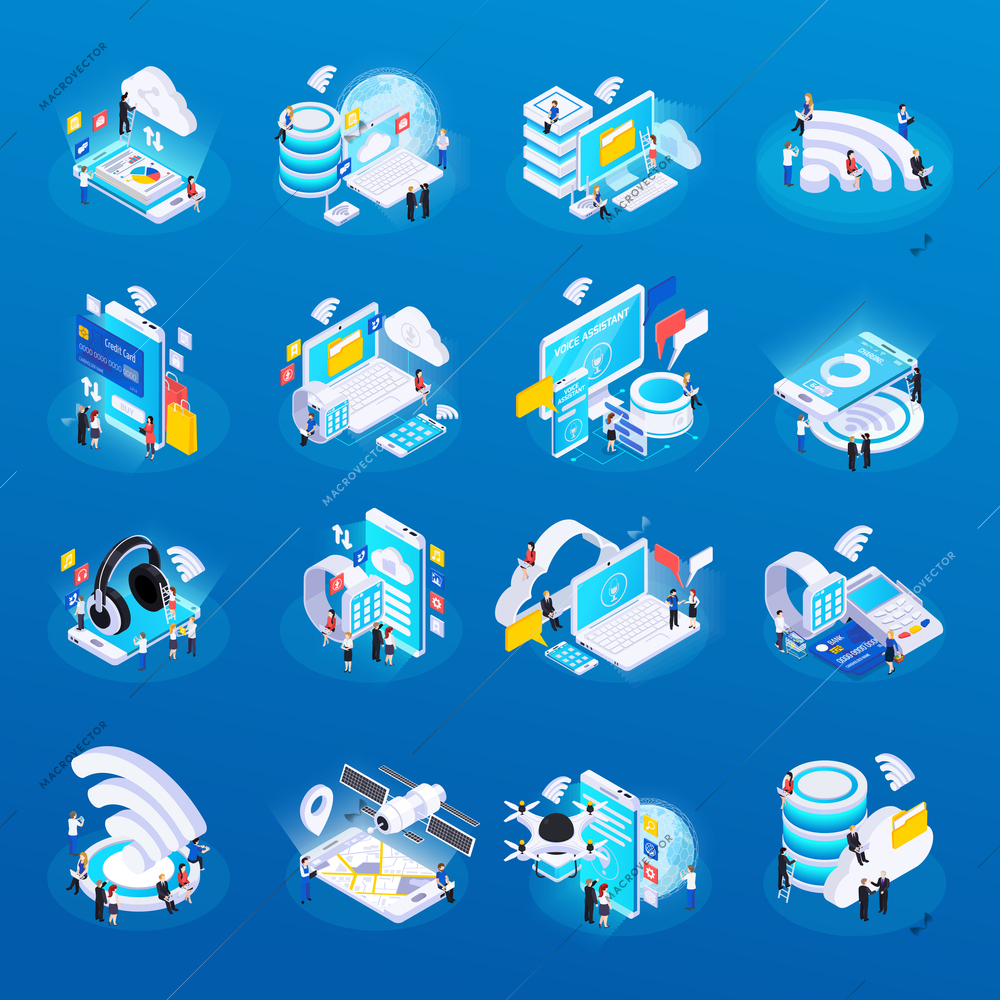 Wireless technology isometric glow icons set with cloud safe data storage access remote health monitoring vector illustration