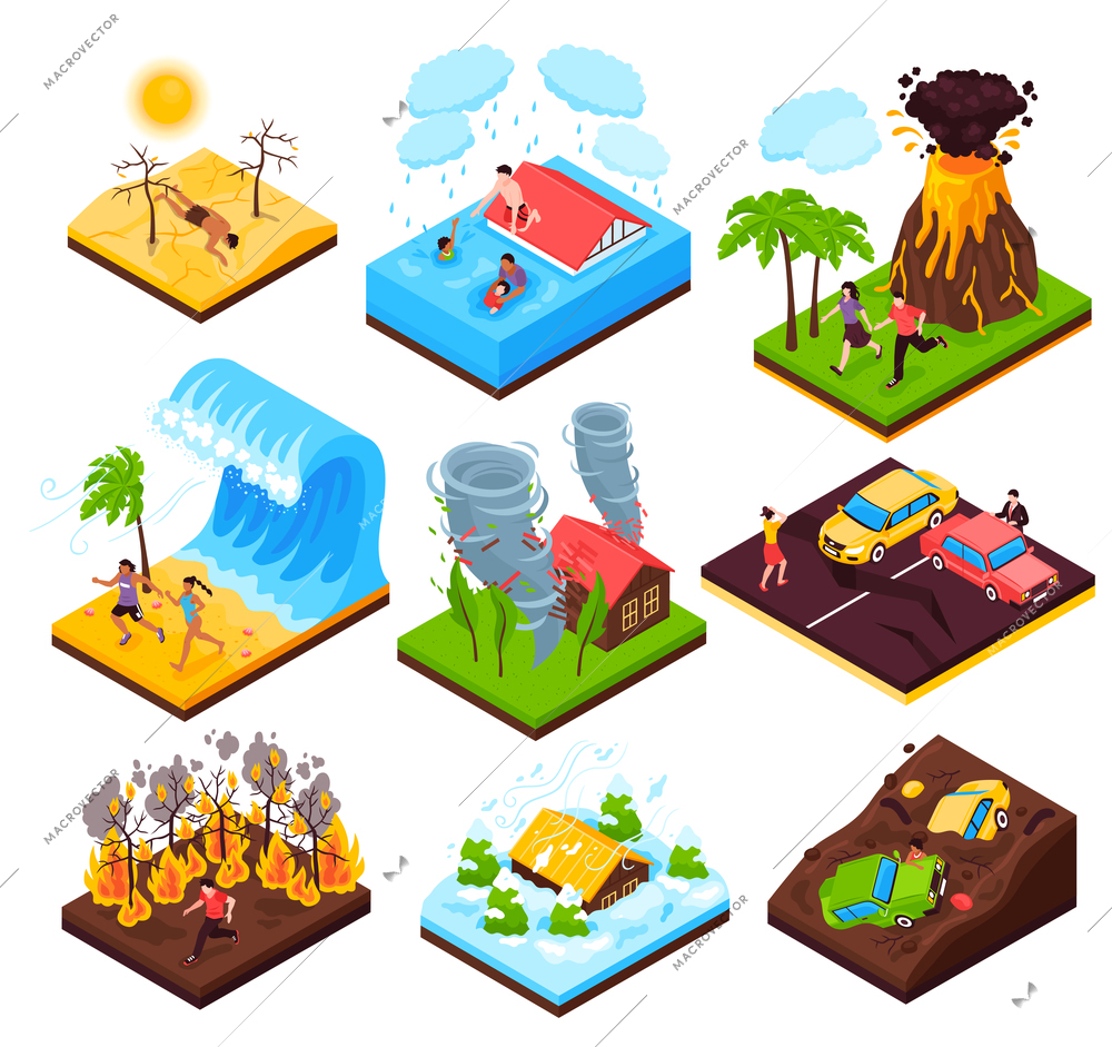 Natural disaster  set of eruption wildfire flood tornado drought tsunami isometric compositions isolated vector illustration
