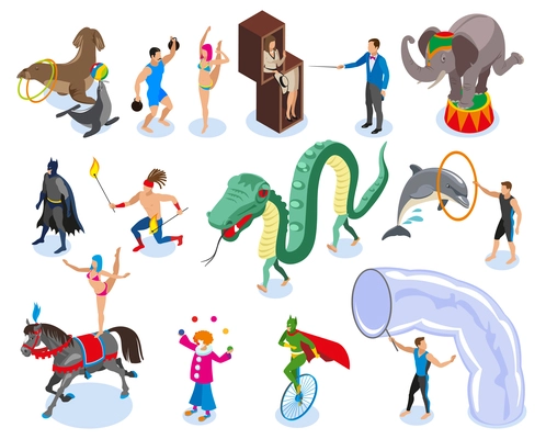 Performers and entertainment icons set with circus symbols flat isolated vector illustration