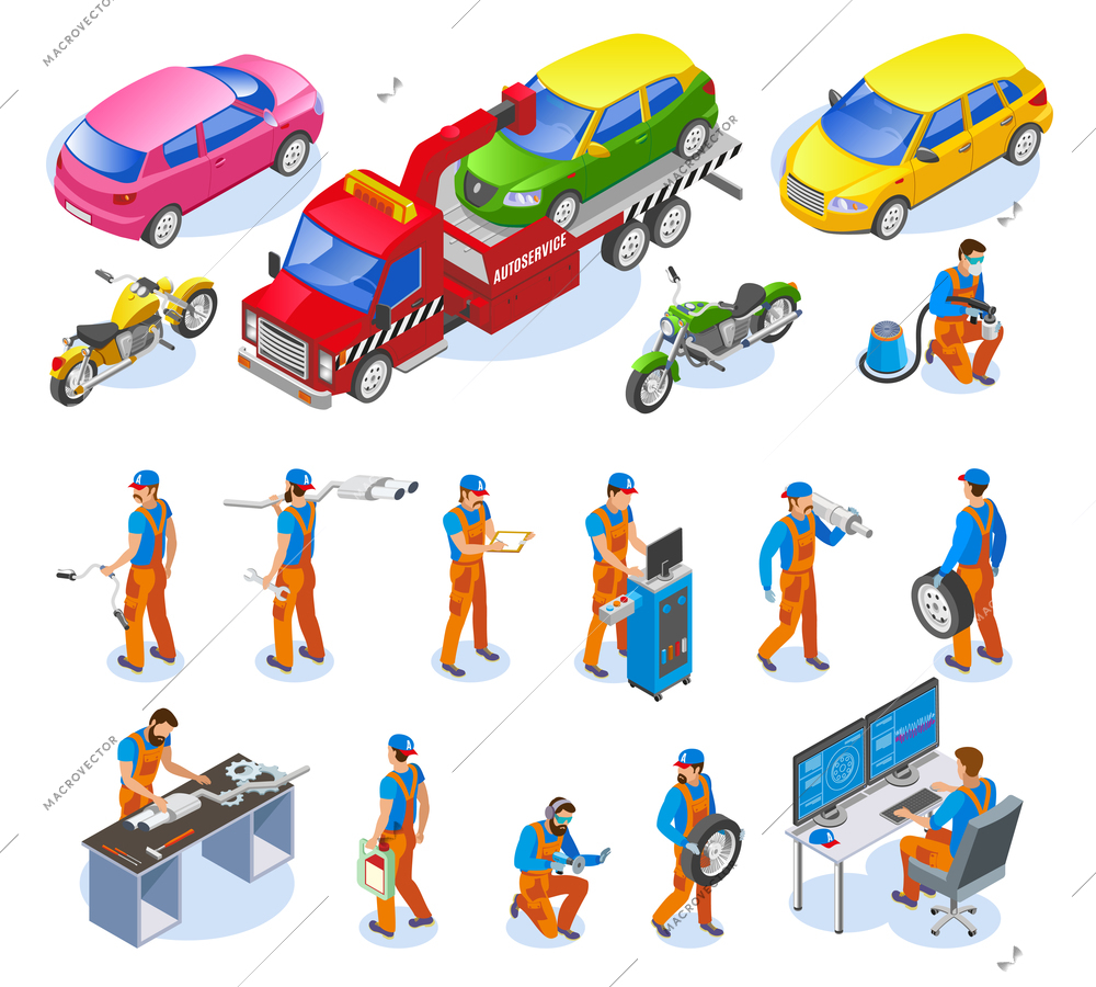 Auto service icons set with truck and motorbike service symbols isometric isolated vector illustration