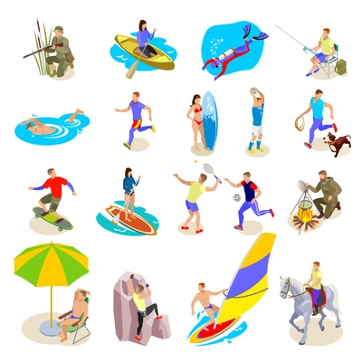 Outdoor activities icons set with sports and recreation symbols isometric isolated vector illustration