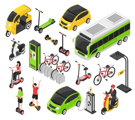 Eco transport isometric set with electric car scooter bicycle segway gyro isolated decorative icons vector illustration