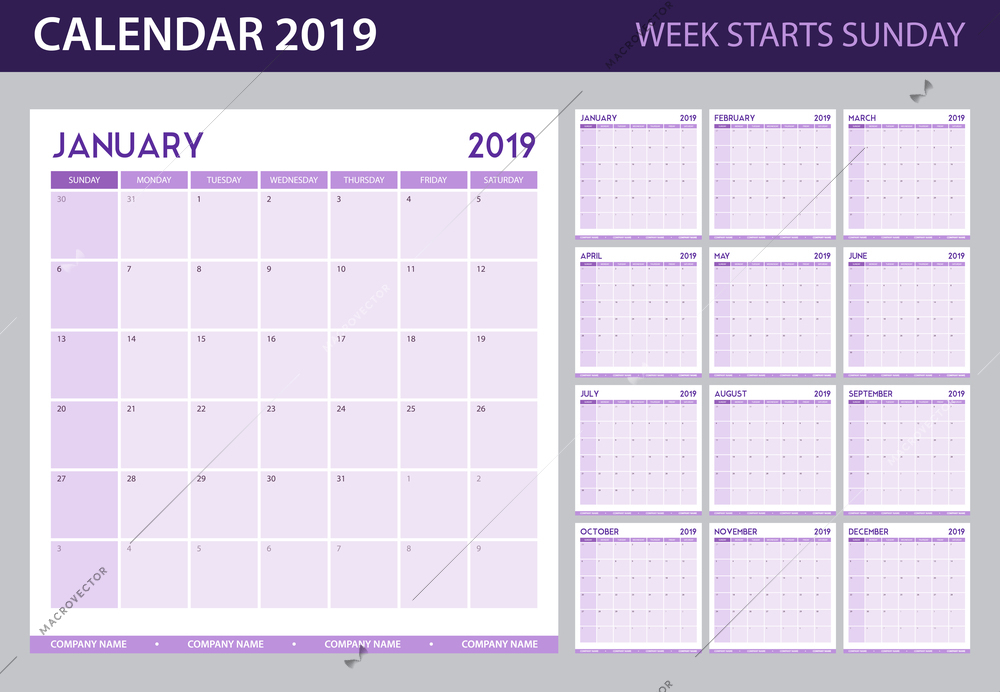 Calendar planner for 2019 year in minimal simple table style and week starts sunday headline flat vector illustration