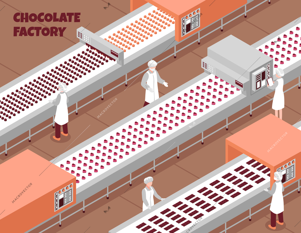 Chocolate factory isometric background with automated food production line and people controlling working process vector illustration