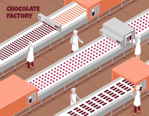 Chocolate factory isometric background with automated food production line and people controlling working process vector illustration