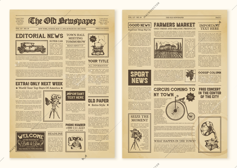 Yellowed realistic newspaper pages in vintage design with headers of different font vector illustration