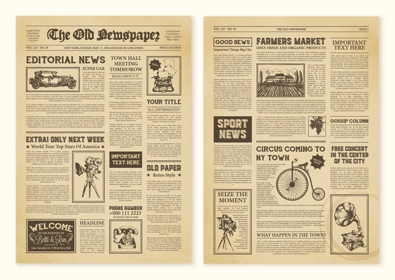 Yellowed realistic newspaper pages in vintage design with headers of different font vector illustration