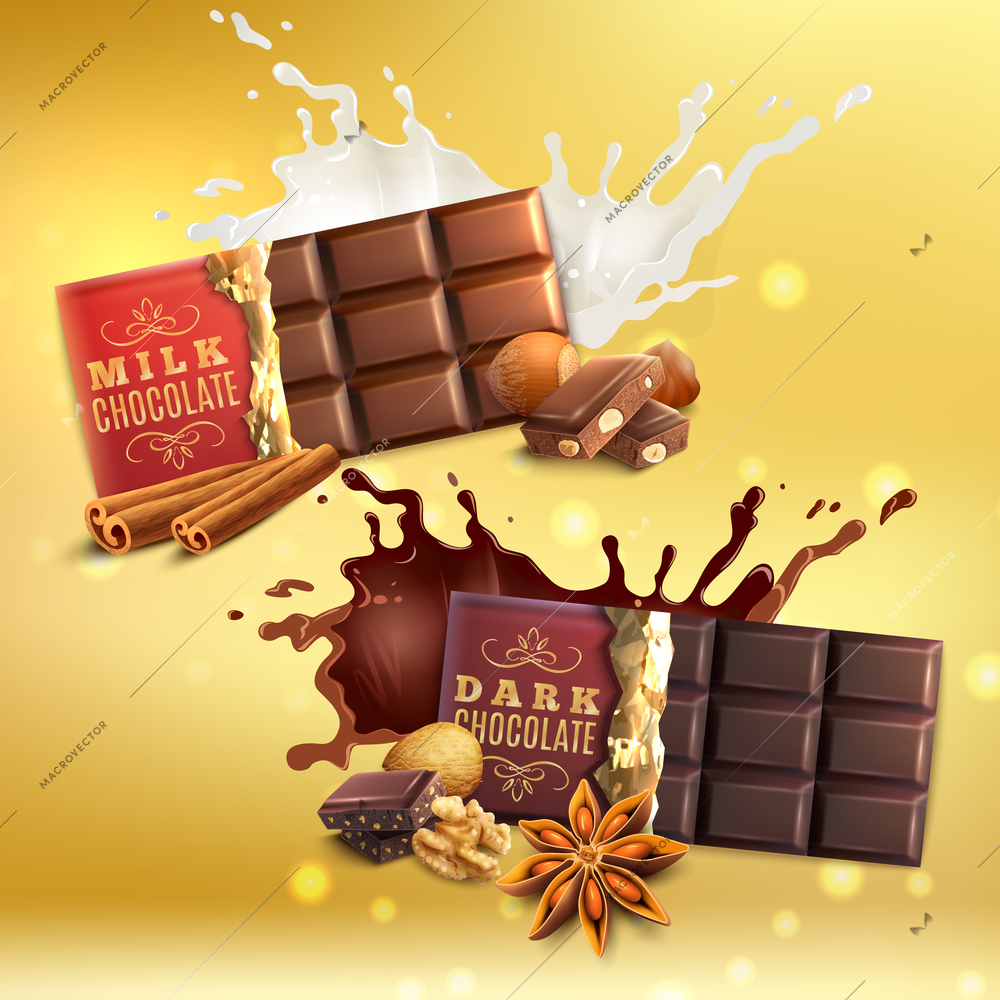 Dark and milk chocolate bars with nuts and spices realistic compositions on yellow blurred background vector illustration