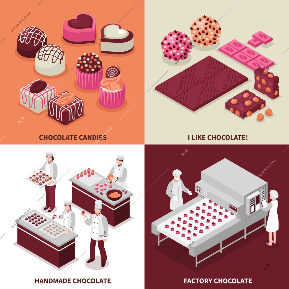 Chocolate manufacture 2x2 design concept with people making chocolate candies manually and on  factory conveyor isometric vector illustration