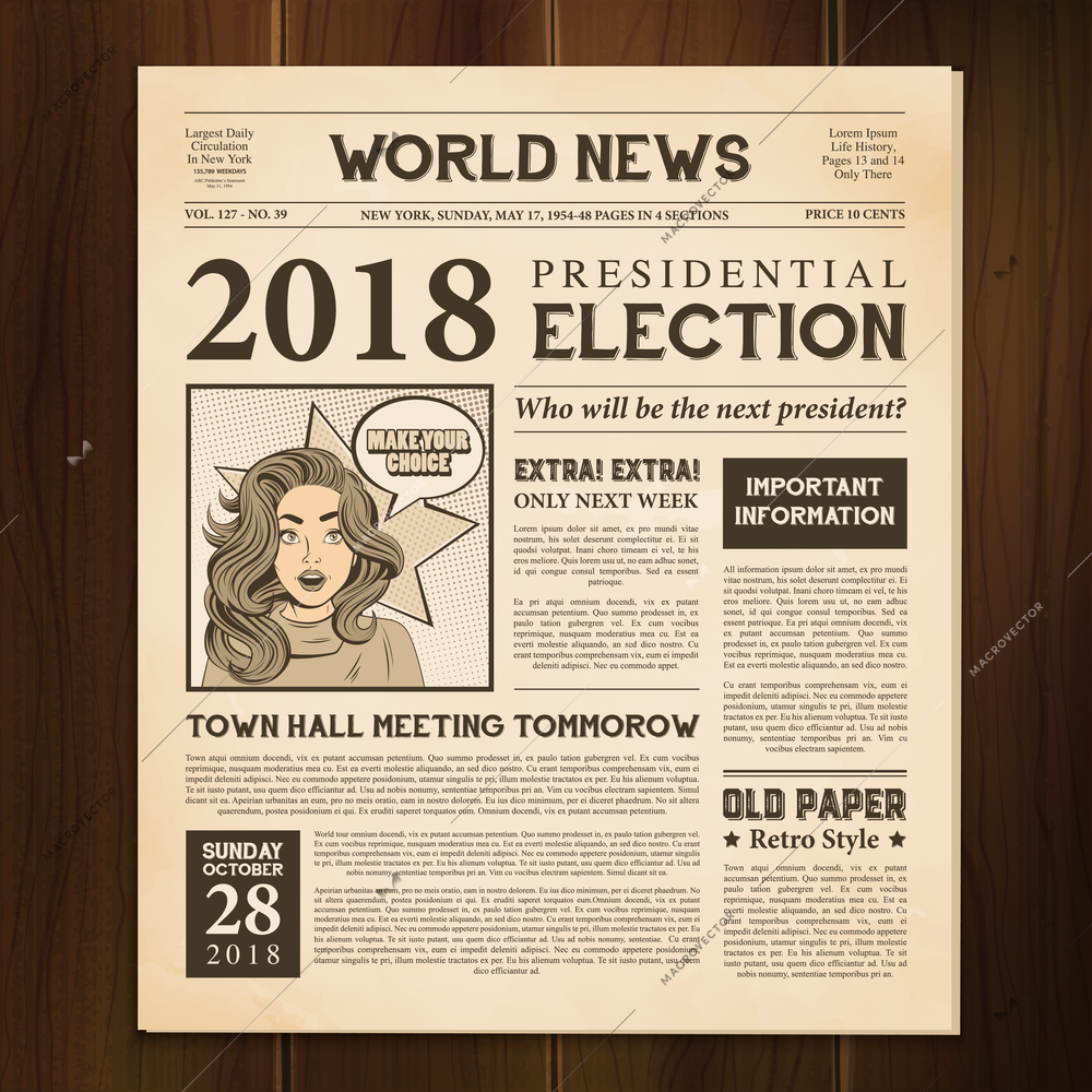 Newspaper page 2018 presidential election world news article realistic vintage style  against dark wood background vector illustration