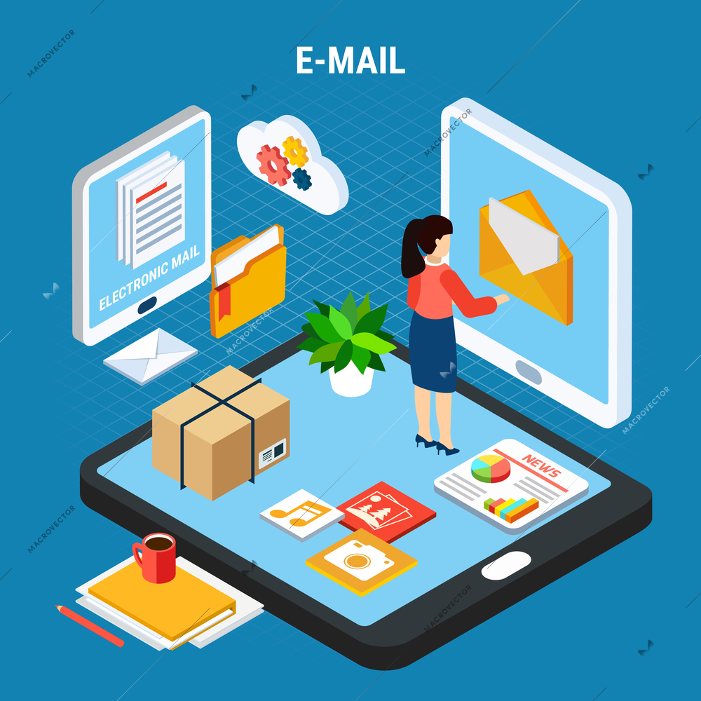 Mail isometric abstract composition with e mail headline and woman receives mail remotely via computer vector illustration