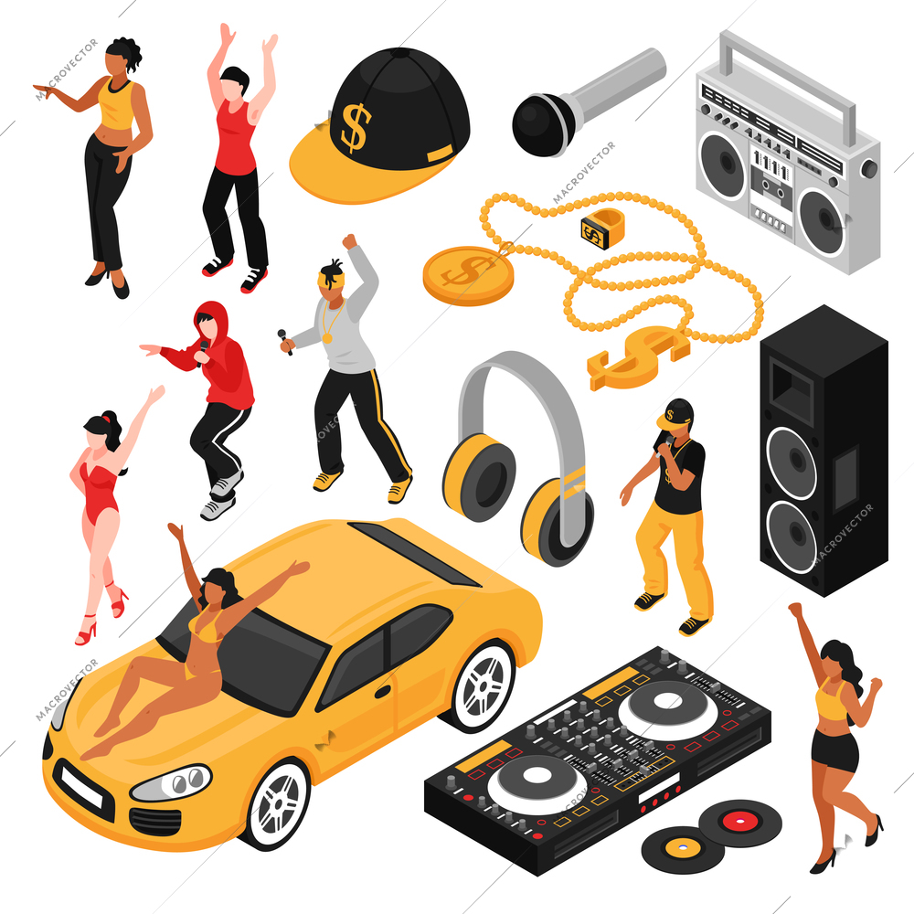 Rap music culture symbols isometric set with singers performers retro accessories so as cassette player isolated vector illustration