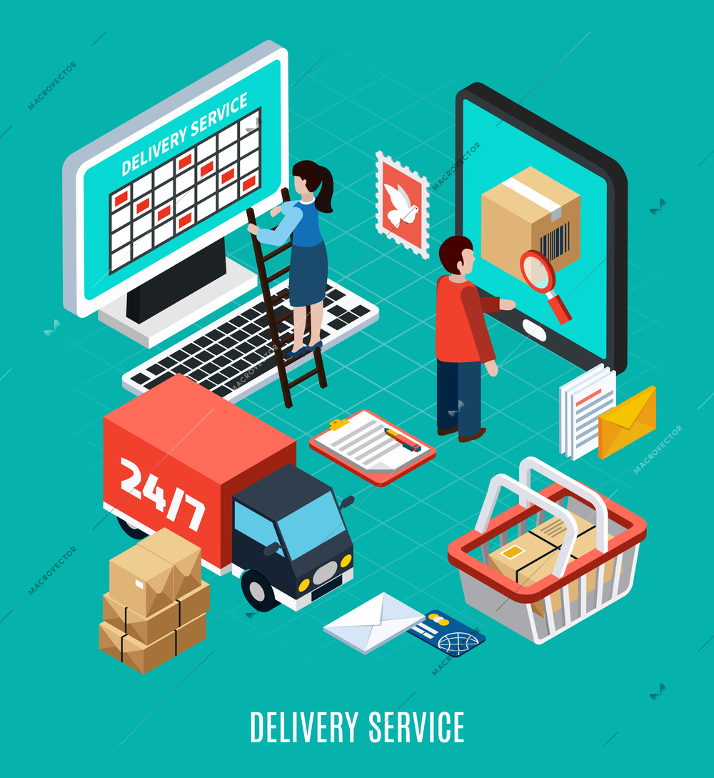 Mail isometric concept schematic implementation of work delivery and delivery service headline vector illustration