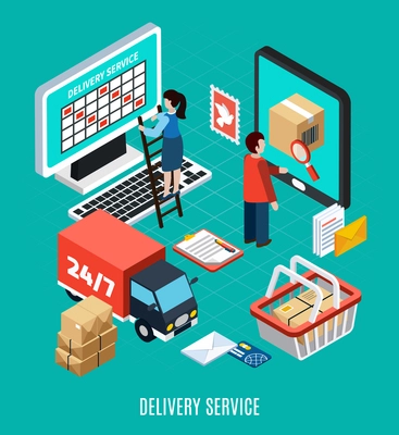 Mail isometric concept schematic implementation of work delivery and delivery service headline vector illustration