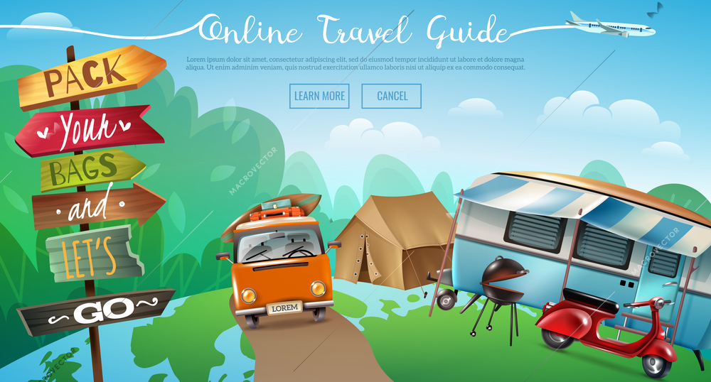 Travel tourism horizontal banner with conceptual background outdoor camping winniebago camper vans tent and learn more buttons vector illustration