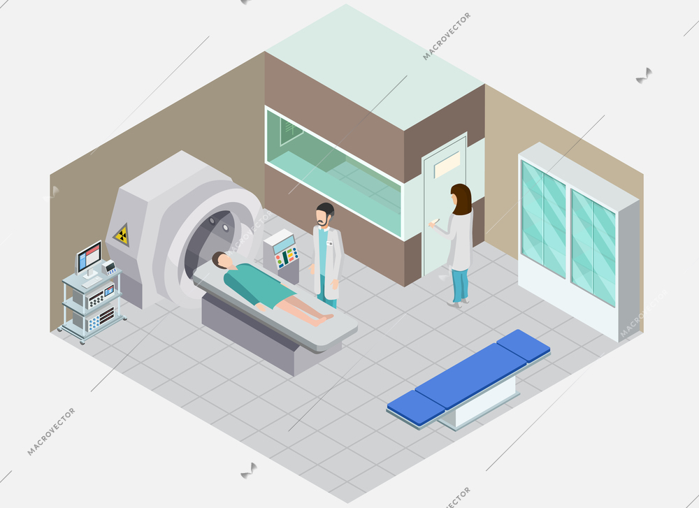 Medical equipment isometric composition with view of hospital room with people and apparatus for nuclear medicine procedure vector illustration