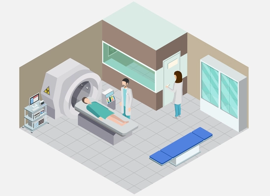 Medical equipment isometric composition with view of hospital room with people and apparatus for nuclear medicine procedure vector illustration