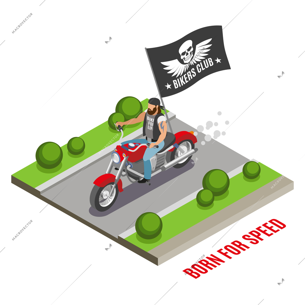 Bearded biker on red motor cycle with black flag with club emblem isometric composition vector illustration