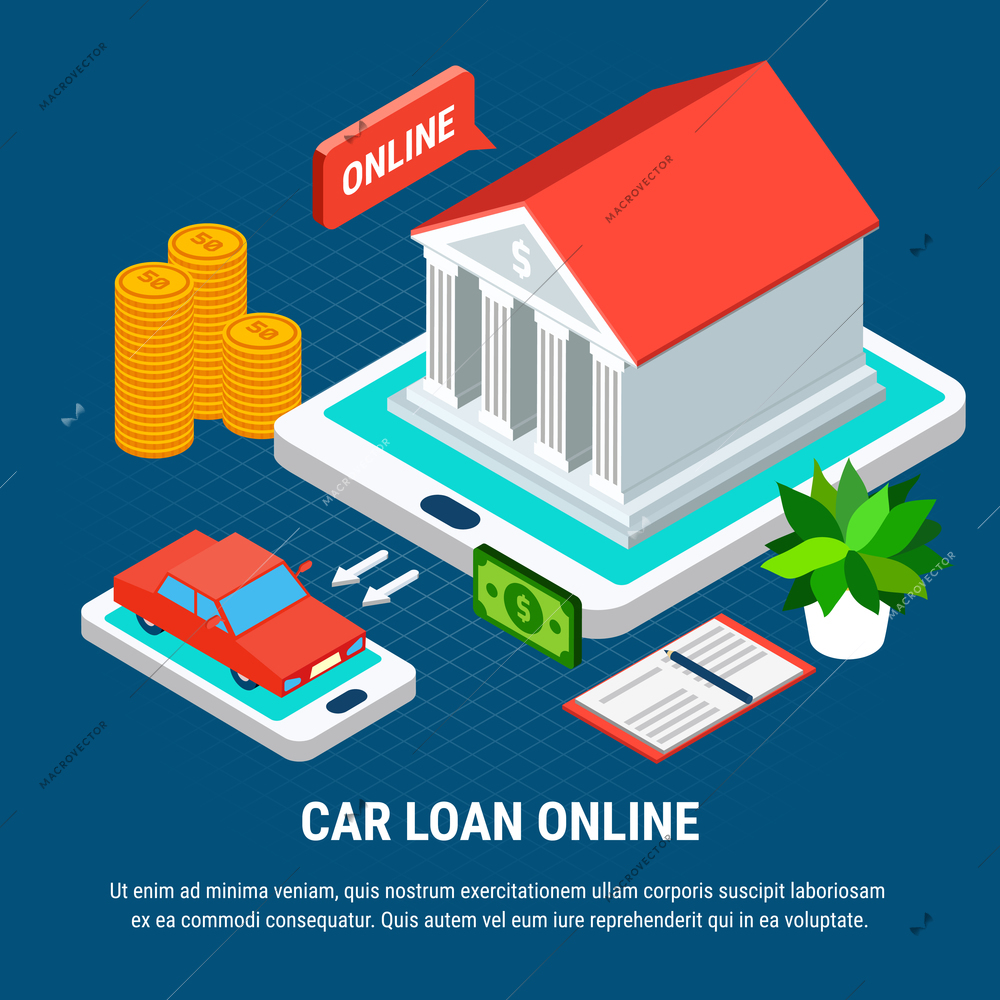 Loans isometric background composition with combined conceptual images of touch screen gadgets bank building and car vector illustration