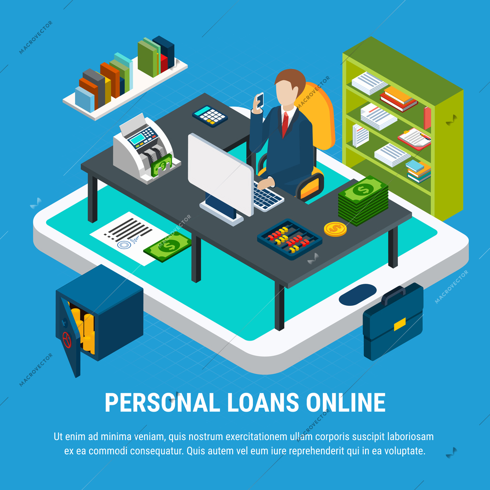 Loans isometric background with conceptual composition of tablet and office room with workplace of bank clerk vector illustration