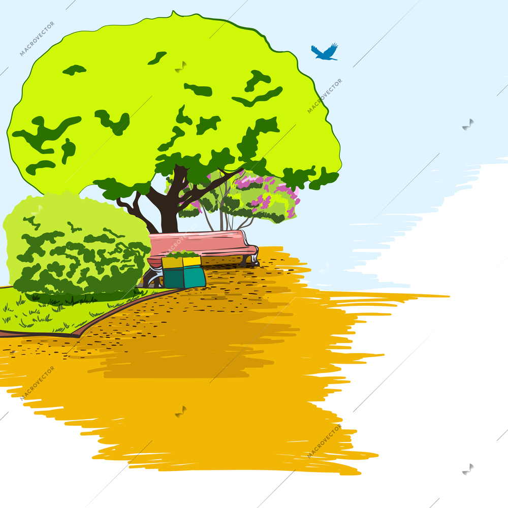 Decorative city park deciduous foliage tree with garden bench and yellow sand path poster sketch vector illustration