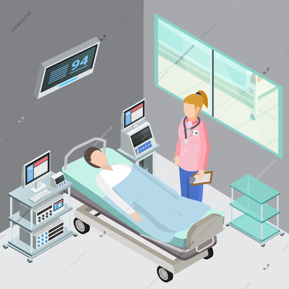 Medical equipment isometric composition with observation ward indoor interior primary care physician and patient human characters vector illustration