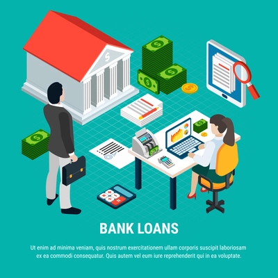 Loans isometric background composition with editable text icons of money and document papers with human characters vector illustration