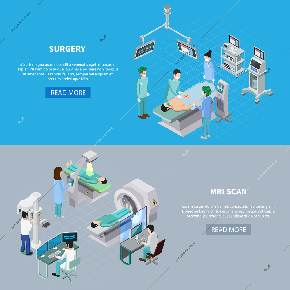 Medical equipment isometric set of two horizontal banners with read more button editable text and images vector illustration