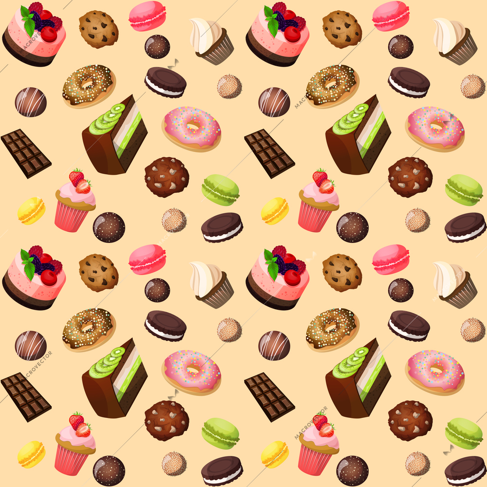 Sweets seamless background of cakes chocolate biscuits macaron donut vector illustration