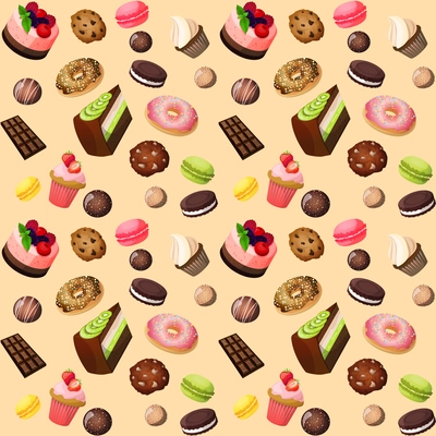 Sweets seamless background of cakes chocolate biscuits macaron donut vector illustration