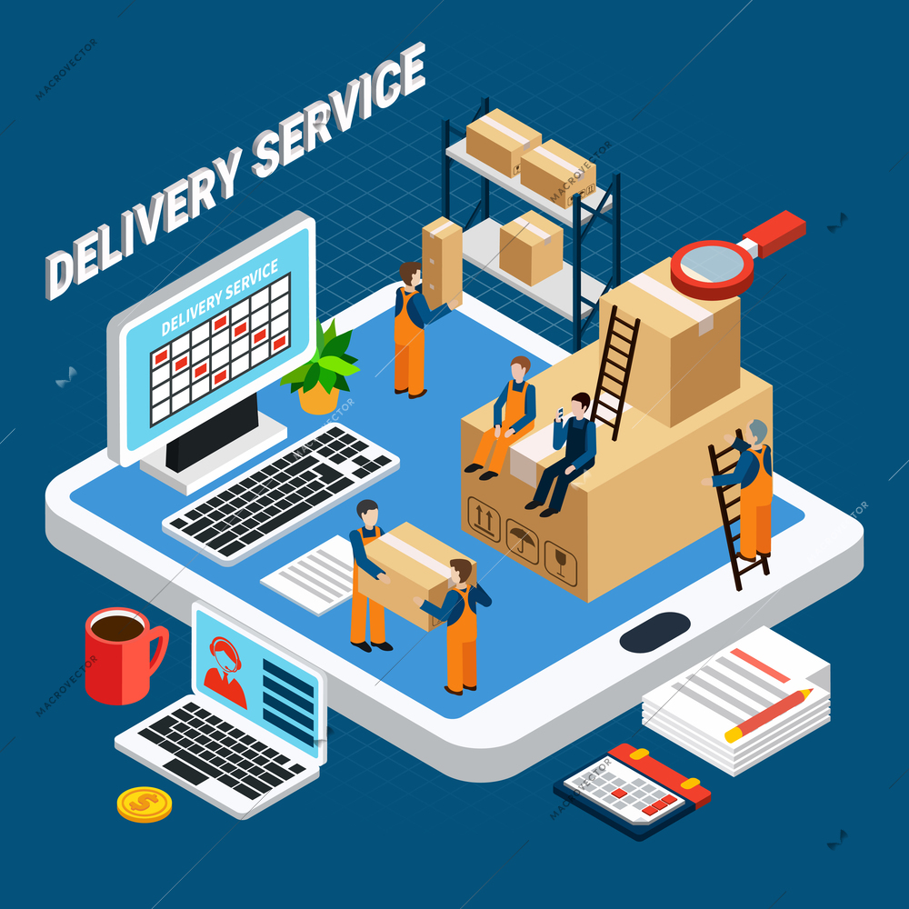 Logistics concept with delivery service workers on blue background 3d isometric vector illustration