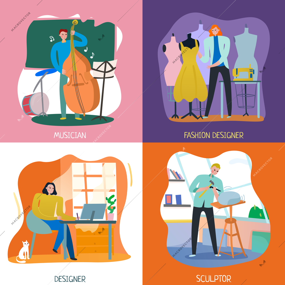 Flat design 2x2 concept with people having various creative professions isolated vector illustration