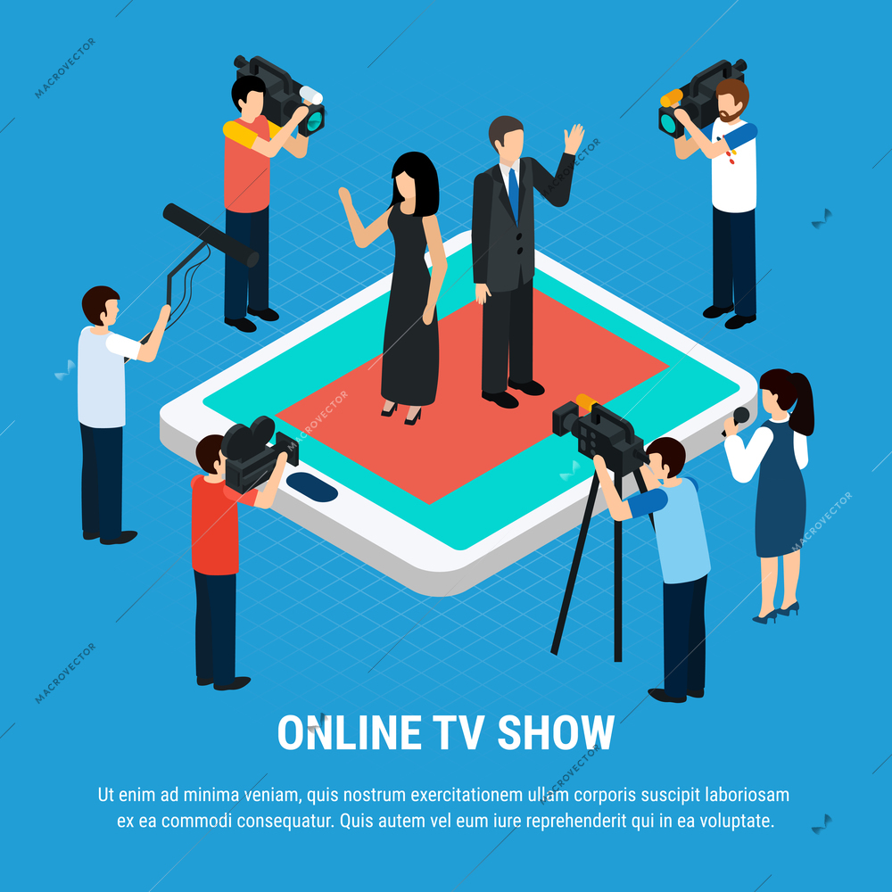 Photo video isometric conceptual background composition with shooting team journalists celebrities human characters on tablet screen vector illustration