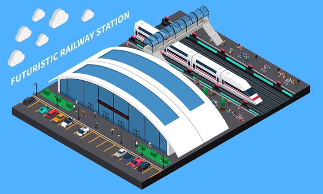 Futuristic railway station isometric composition with spacious station speed train and elevated pedestrian crossing vector illustration